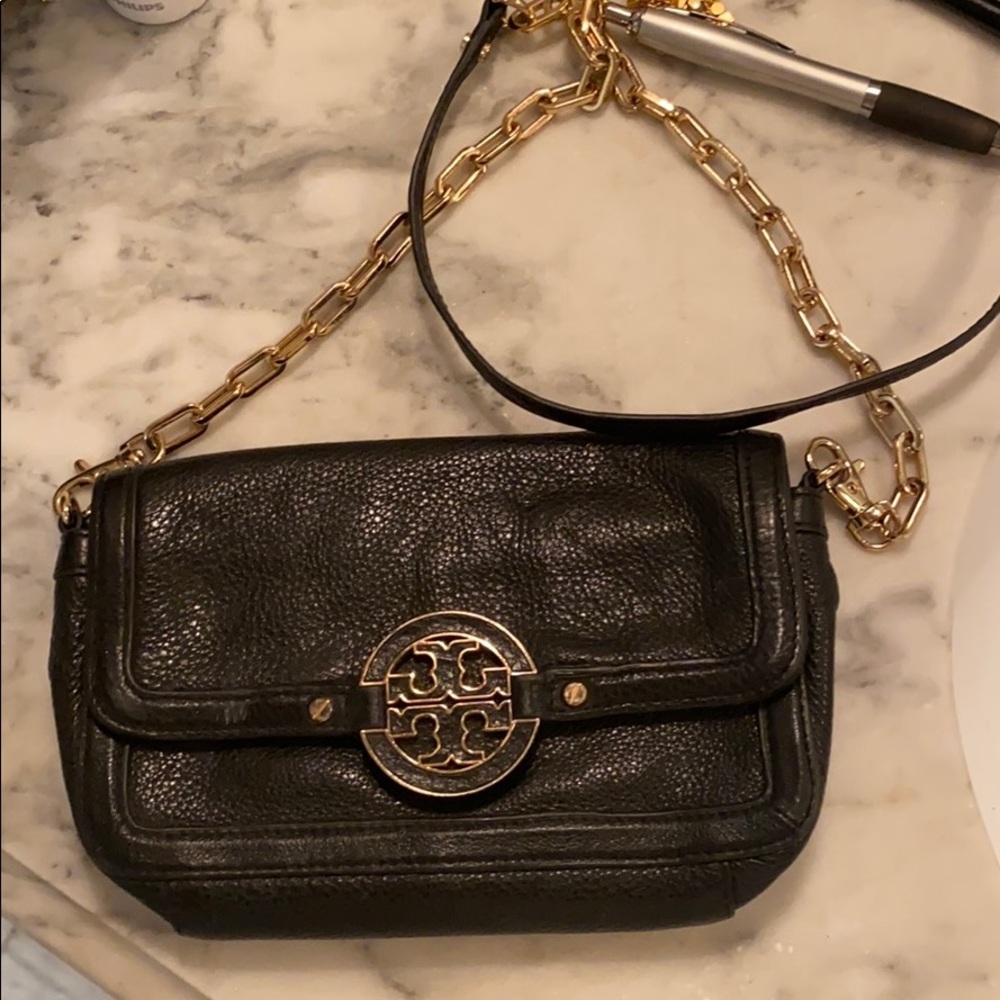 Black and gold logo tory burch crossbody